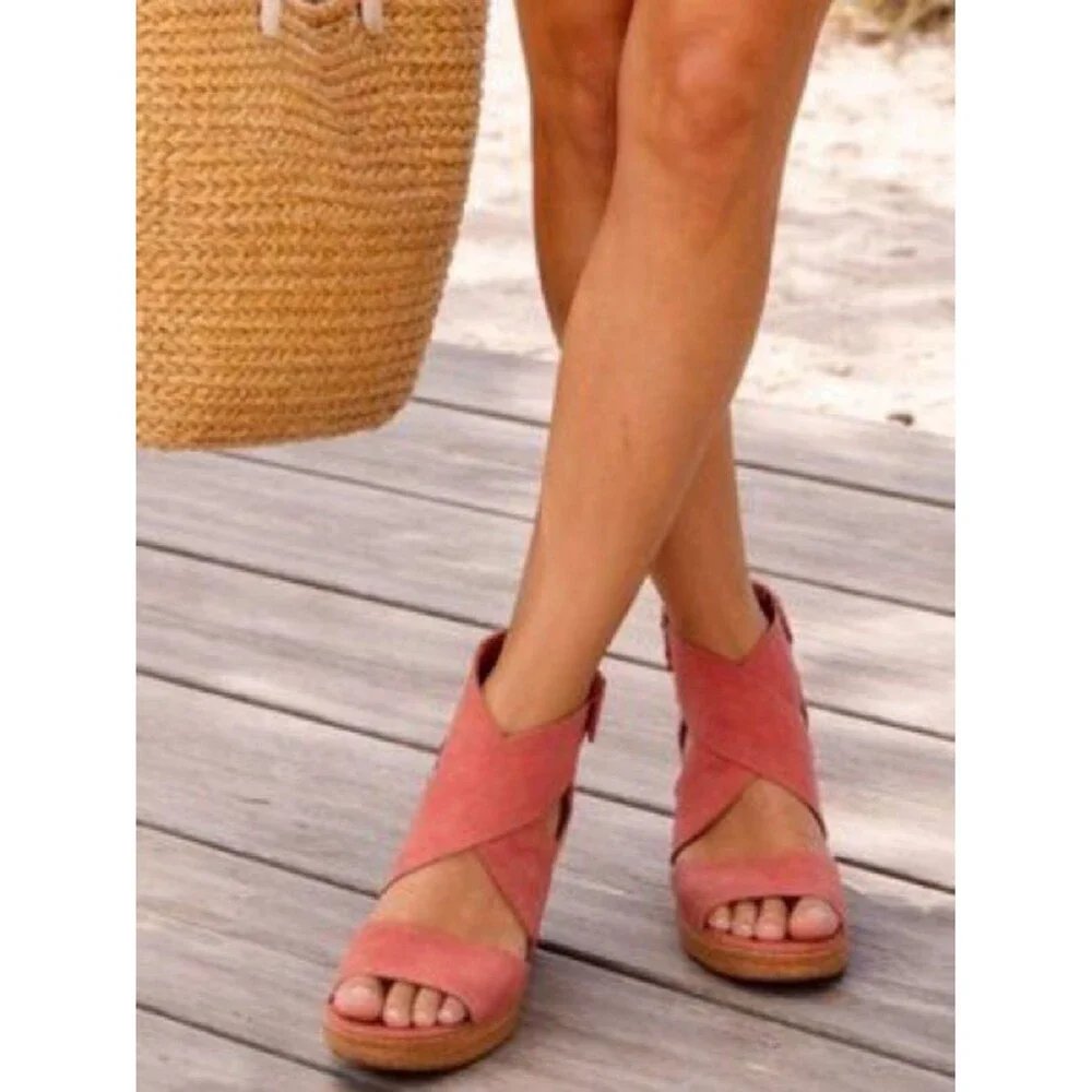Eileen Fisher Ellis Sandal Coral Suede Wedge Sz 9.5 Coastal Euro Summer Vacation
